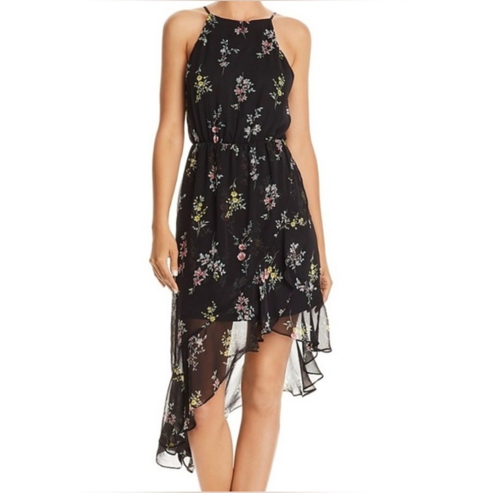 AQUA black floral asymmetric ruffled dress size S